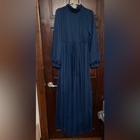 Beaded Blue Tulle Ball Gown - Picture 3 of 9